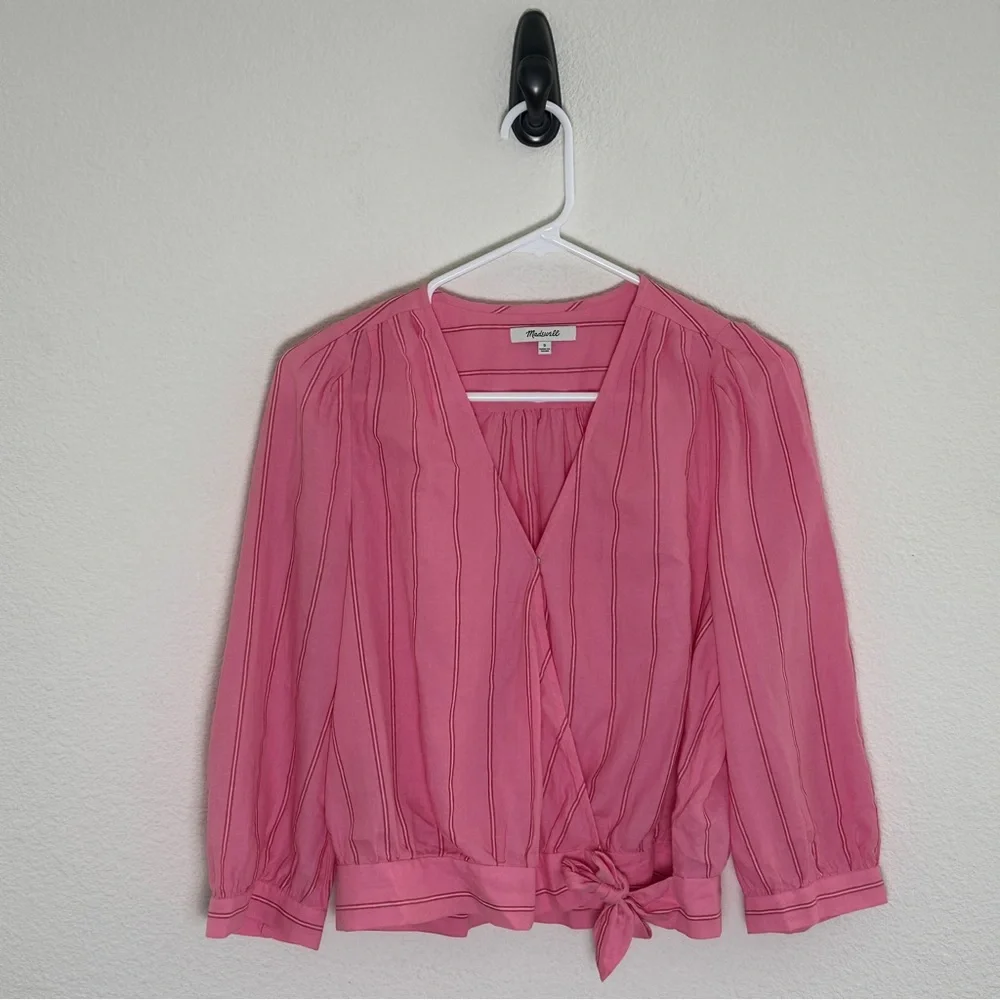 Madewell Pink‎ Cecilia Stripe Cotton Wrap Top Romantic Preppy Small